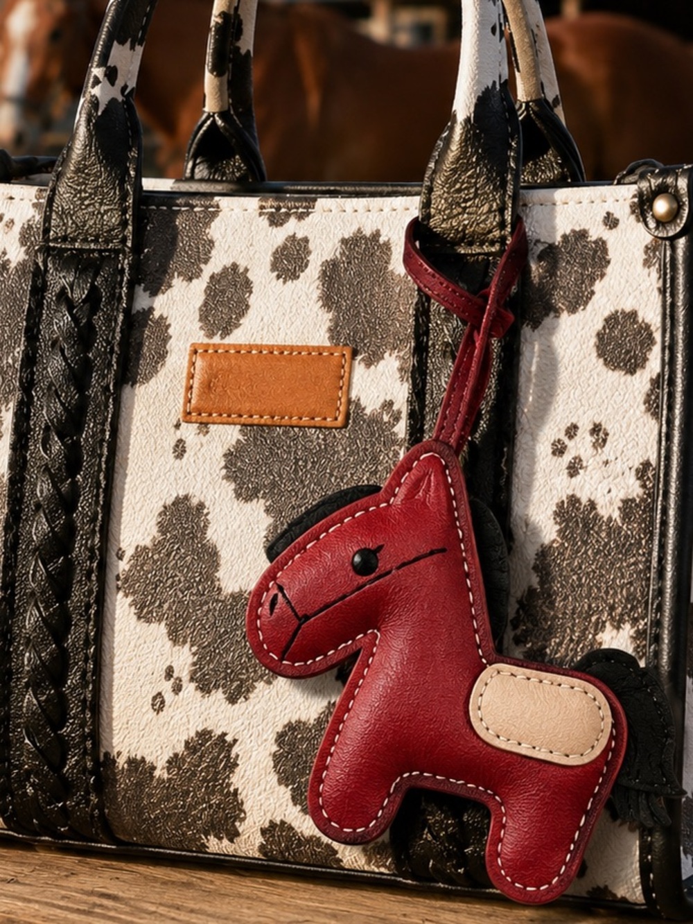 Faux Leather Horse Bag Charm / Luggage Tag Dark Red